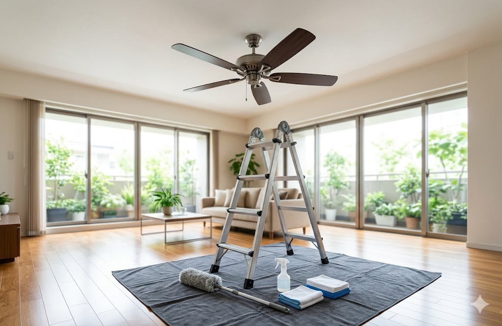 高所のシーリングファン掃除でほこりを落とさない手順！簡単な防止方法と選び方も
