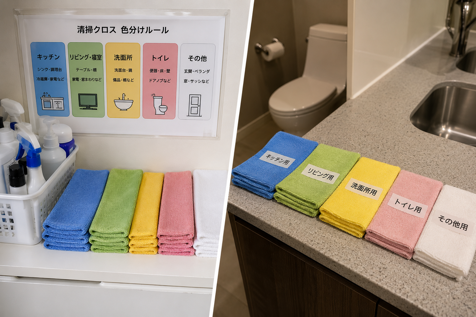 民泊清掃クロスの色分けルール｜トイレの汚れをキッチンへ持ち込まない方法