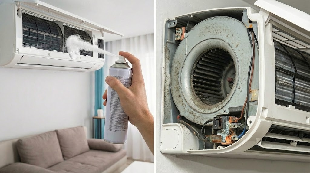 エアコン掃除にスプレーは良くない理由｜火災・水漏れ・カビの3大リスク