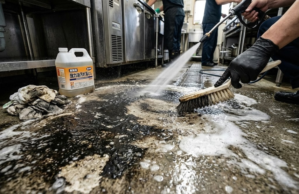 飲食店の床の油汚れ落とし方｜ヌメリと黒ずみを一掃するプロの手順