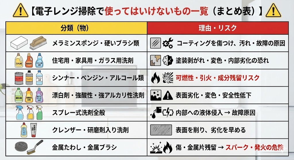 電子レンジを拭いてはいけないもの一覧