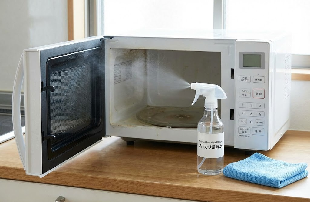 電子レンジ掃除にアルカリ電解水は使っていい？安全な条件と使えないケースと正しい使い方